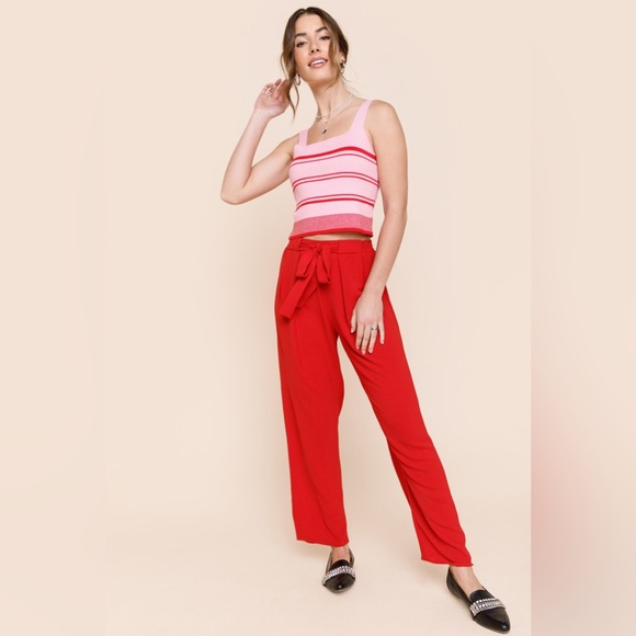 Red Mela tie front wide leg mid waist pants - Picture 1 of 4